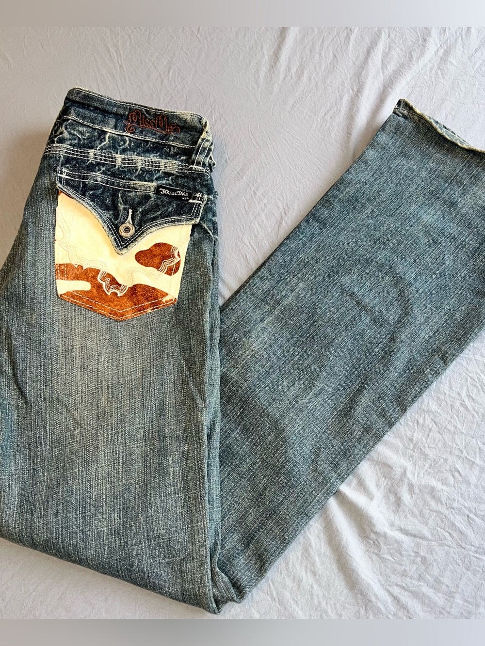 Miss Me Jeans Womens 27 Bootcut Cow Hide Jeweled Western Low Rise Casual - Picture 3 of 15